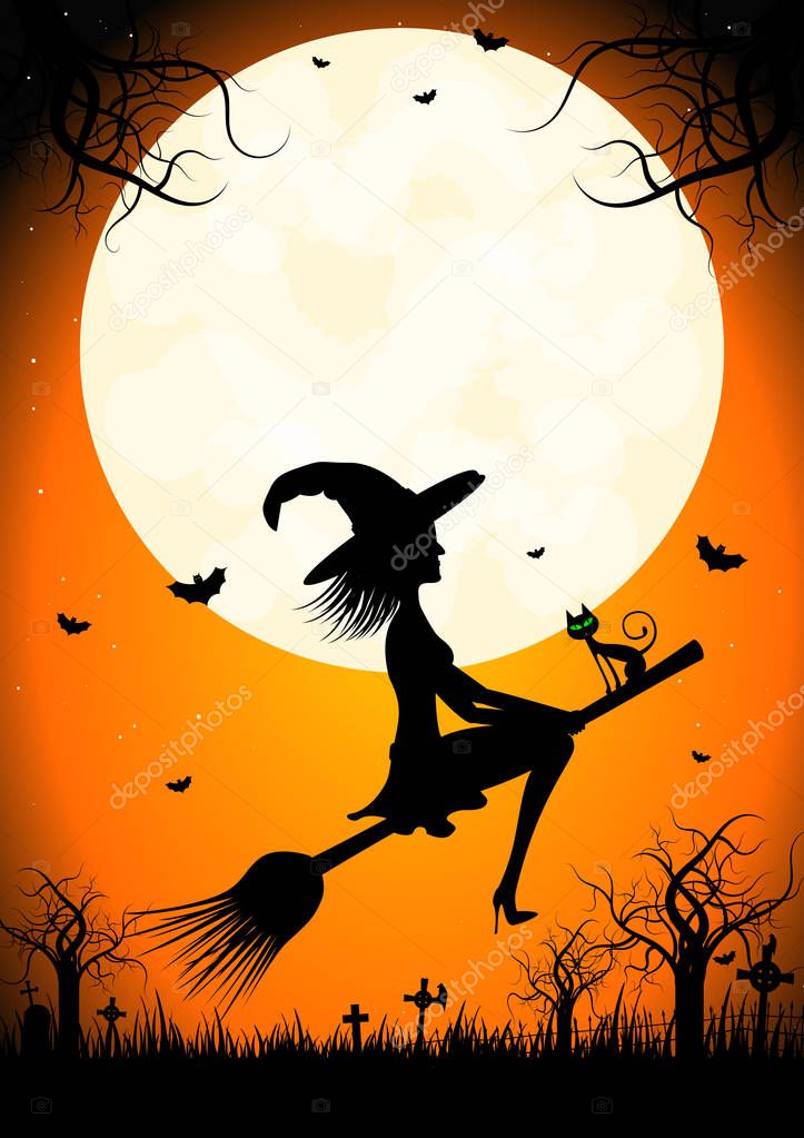 Halloween illustration with a witch, moon, cemetery.