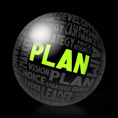 Planı kavramı - küre şekli, siyah arka plan.