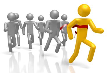 3D kazanan kavram - sarı ve gri çizgi film karakterleri