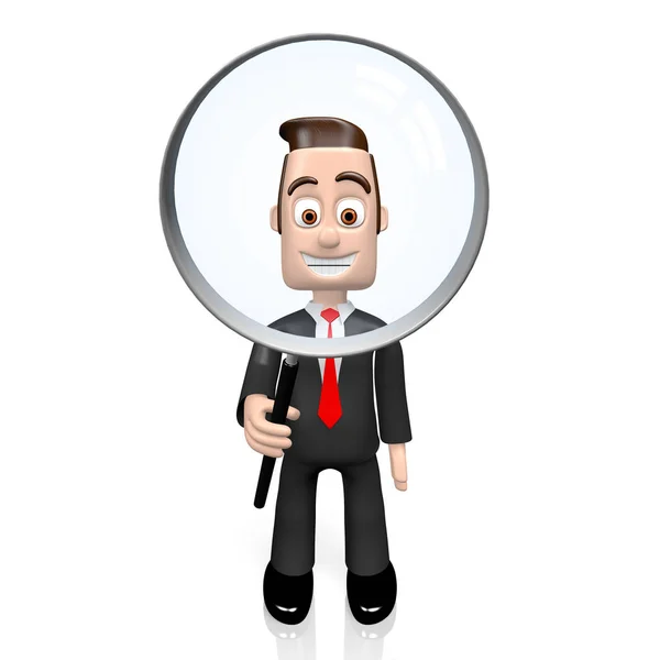 Personagem Desenho Animado Homem Negócios Segurando Lupa — Fotografia de Stock
