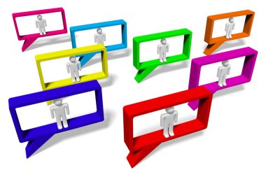 3D iletişim kavramı - çizgi film karakterleri, konuşma balonları.