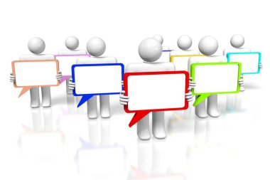 3D iletişim kavramı - çizgi film karakterleri, konuşma balonları.