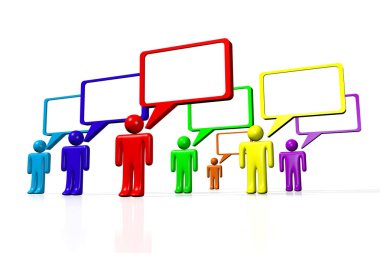 3D iletişim kavramı - çizgi film karakterleri, konuşma balonları.