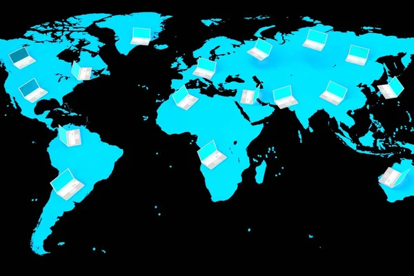 计算机 世界地图 伟大的主题 如全球网络等 — 图库照片