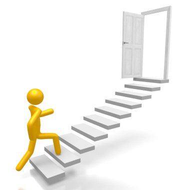 3D çizgi film karakteri, adımları, kapı