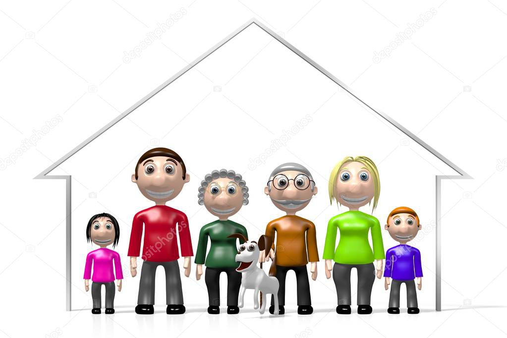 3D multigenerational family, house shape