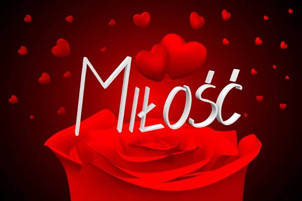 3D illustration with hearts and roses - Milosc (Polish) / Love (English)