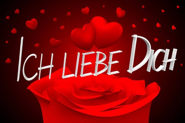 Illustration Hearts Roses Ich Liebe Dich German Love You English — Stock Photo, Image