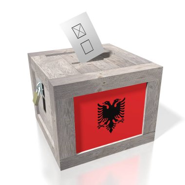 3D seçimi/oylama kavramı - woden oy sandığı, ulusal bayrak.