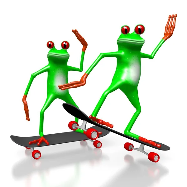 3D cartoon frogs on a skateboards - great for topics like sport, leisure activities.