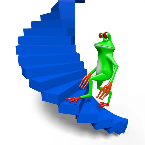 3D cartoon frog walking up a stairs - great for topics like career path, effort etc.