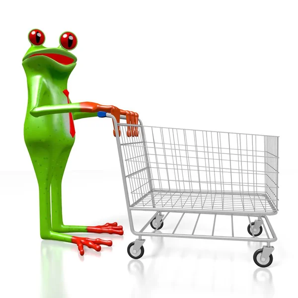 Cartoon Frosch Und Ein Warenkorb Ideal Für Themen Wie Konsum — Stockfoto