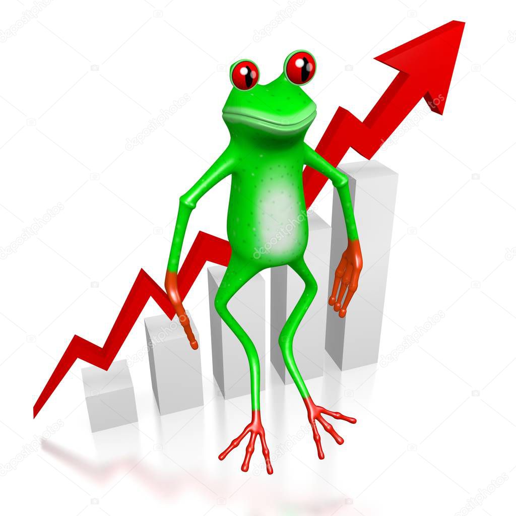 3D cartoon frog and chart with upwards arrow - great for topics like growth, financial success, prosperity etc.
