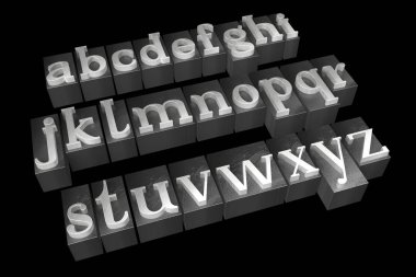 Alfabe - Tipo - tipografik kavramı, siyah arka plan.