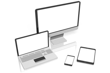 3D Dizüstü, bilgisayar, tablet, cep telefonu - beyaz arka plan üzerinde izole