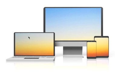 3D Dizüstü, bilgisayar, akıllı telefon ve tablet illüstrasyon, gökyüzü ekranlarında
