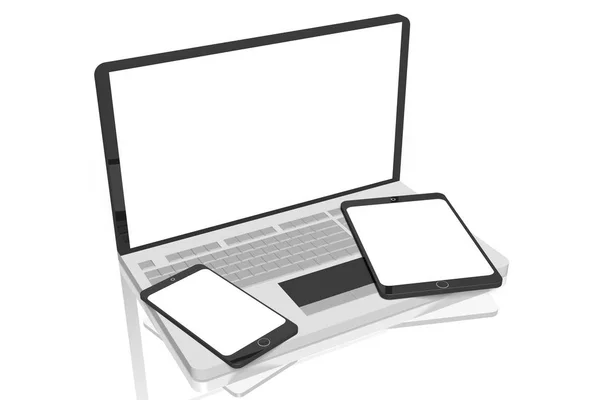 Laptop Computer Tablet Mobiele Telefoon Geïsoleerd Witte Achtergrond — Stockfoto