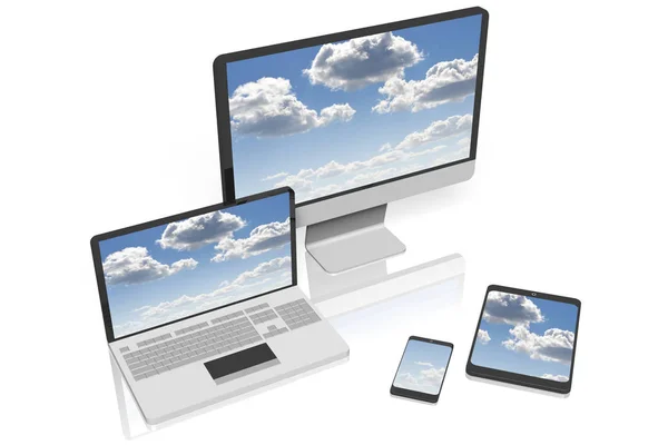 Laptop Počítač Smartphone Tablet Ilustrace Obloha Obrazovkách — Stock fotografie