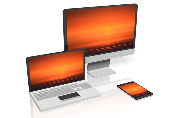 Laptop Monitor Und Tablet Illustration Himmel Auf Bildschirmen — Stockfoto