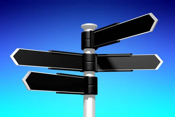 Black Signpost Roadsign Four Arrows Blue Sky — Stock Photo, Image