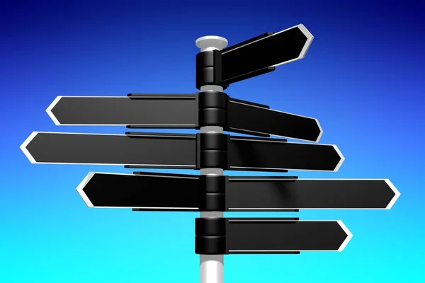 Black Signpost Roadsign Eight Arrows Blue Sky — Stock Photo, Image