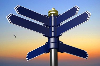3D tabelasını / crossroads oturum / arka plan - günbatımı gökyüzünde birçok mavi oklarla işaret büyük seçim, rehberlik, hedef, strateji vb gibi konular için trafik..