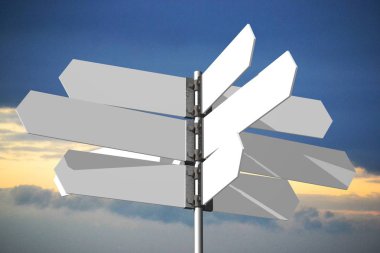 3D tabelasını / üye road / arka plan - büyük kaybetmiş olmanın, yön, seçim, karar, yardım gibi konular için gökyüzünde çok sayıda beyaz oklarla yön işareti ipucu vb.