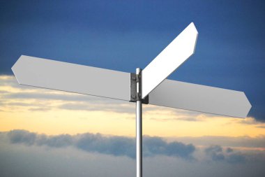 3D tabelasını / üye road / arka plan - büyük kaybetmiş olmanın, yön, seçim, karar, yardım gibi konular için gökyüzünde üç beyaz oklarla yön işareti ipucu vb.