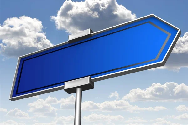 3D blue signpost with one arrow, sky with clouds in background.