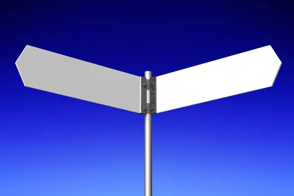 3D white signpost/ roadsign with two arrows, blue sky in background.