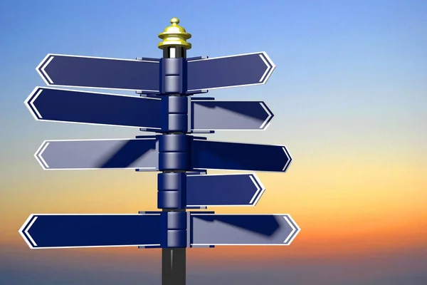 3D signpost/ crossroads sign/ traffic sign with many blue arrows, sunset sky in background - great for topics like choice, guidance, destination, strategy etc.