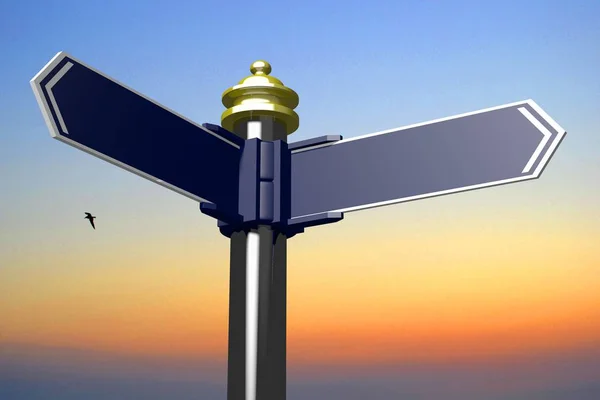 3D signpost/ crossroads sign/ traffic sign with two blue arrows, sunset sky in background - great for topics like choice, guidance, destination, strategy etc.