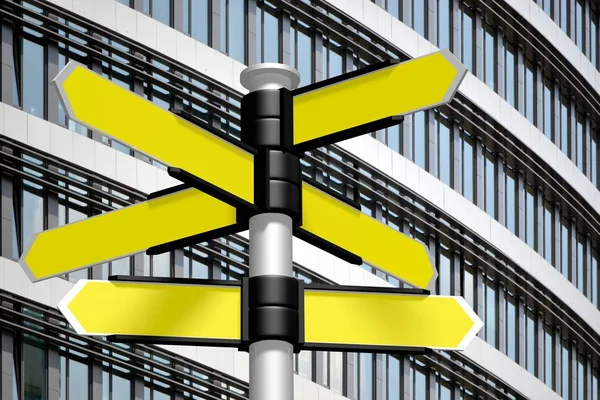 3D traffic sign/ crossroads sign/ signpost with many yellow arrows, office building in background.