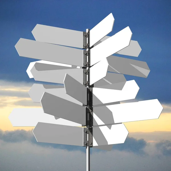3D signpost/ road-sign/ directional sign with many white arrows, sky in background - great for topics like being lost, chaos, direction, choice, decision, help, hint etc.