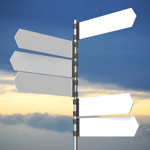 3D signpost/ road-sign/ directional sign with several white arrows, sky in background - great for topics like being lost, direction, choice, decision, help, hint etc.