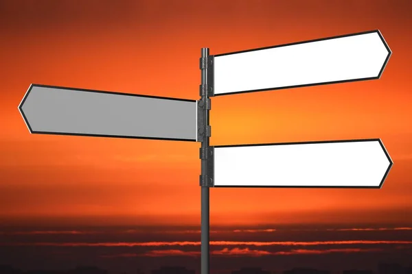 3D white signpost/ crossroads sign with three arrows, sunset sky in background - great for topics like direction, help, support, advice, guidance etc.