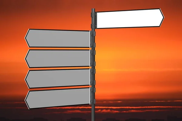 3D white signpost/ crossroads sign with several arrows, sunset sky in background - great for topics like direction, help, support, advice, guidance etc.