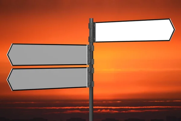 3D white signpost/ crossroads sign with three arrows, sunset sky in background - great for topics like direction, help, support, advice, guidance etc.