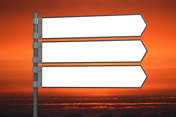 3D white signpost/ crossroads sign with three arrows, sunset sky in background - great for topics like direction, help, support, advice, guidance etc.