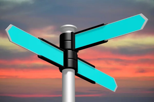 3D blue signpost/ roadsign/ crossroads sign with three arrows, sunset sky - great for topics like direction, strategy, choice, decision etc.