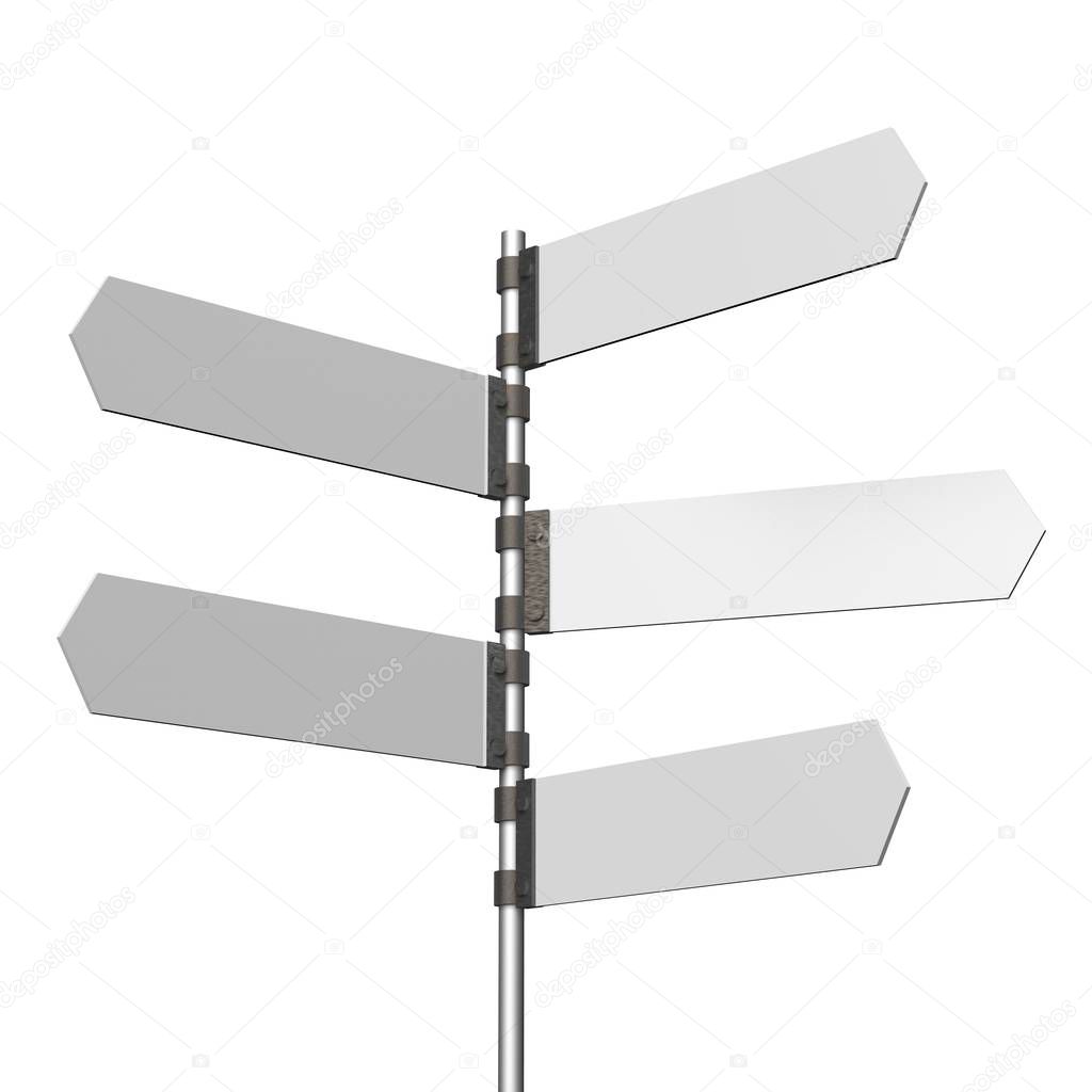 3D signpost with five arrows, white background.