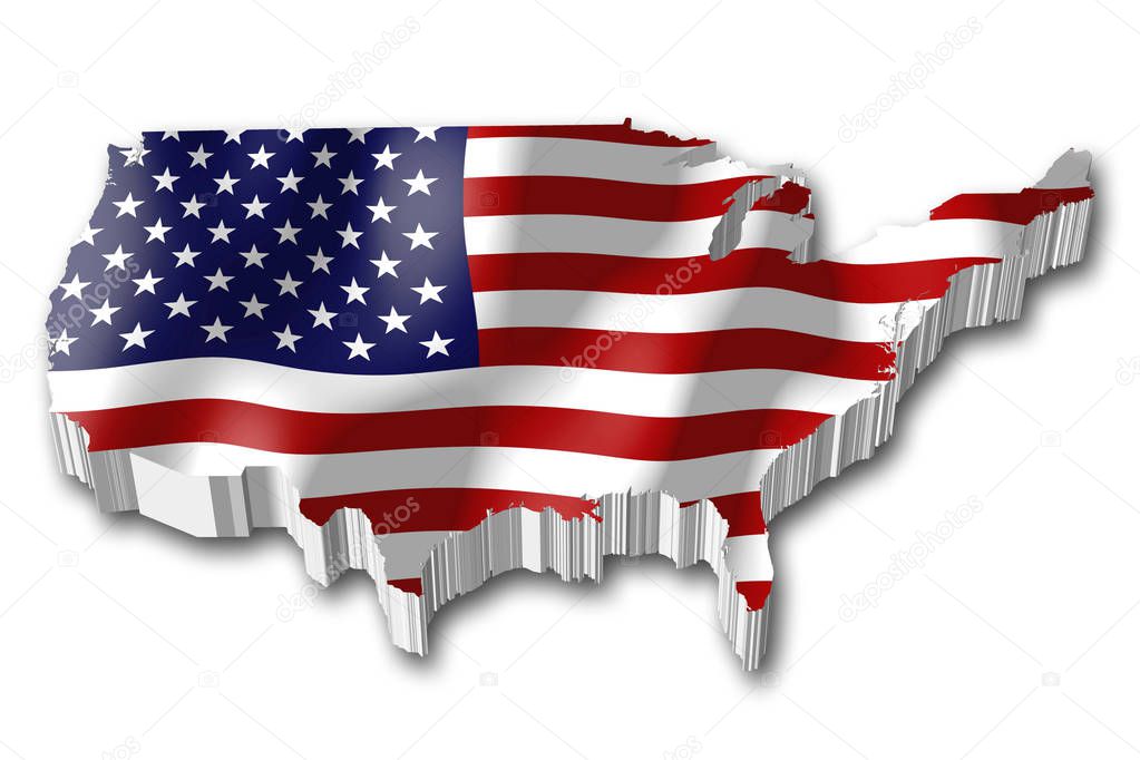 3D flag and country border shape - USA, United States of America