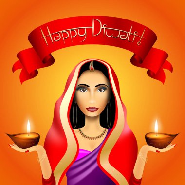 Mutlu Diwali kartı, Hint sari, mumlar giyen kadın
