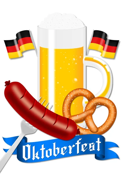 Oktoberfest Plakát Cedulky Pivo Preclík Německé Vlajky Klobása — Stock fotografie