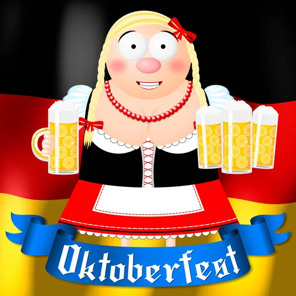 Oktoberfest Ilustrace Servírka Drží Pivo — Stock fotografie