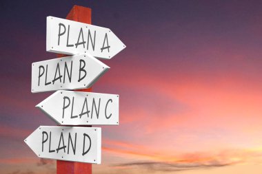 Plan A, B, C, D - concept - signpost with four arrows, sky in background. clipart