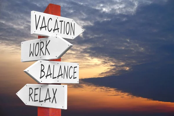 Vacation, work, balance, relax concept - signpost with four arrows, sky in background.
