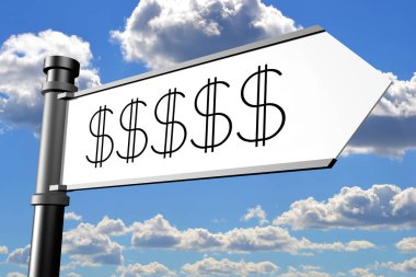 Dolar işareti - tabelasını bir ok, arka planda gökyüzü ile