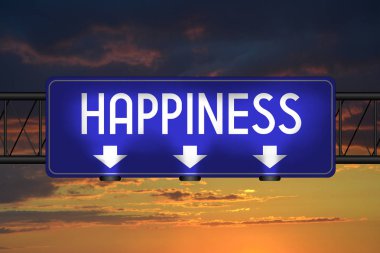 Mutluluk sokak tabelası, arka planda gökyüzü günbatımı.