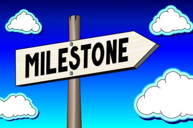 Kilometre taşı - tabelasını bir ok, mavi gökyüzü ile. 